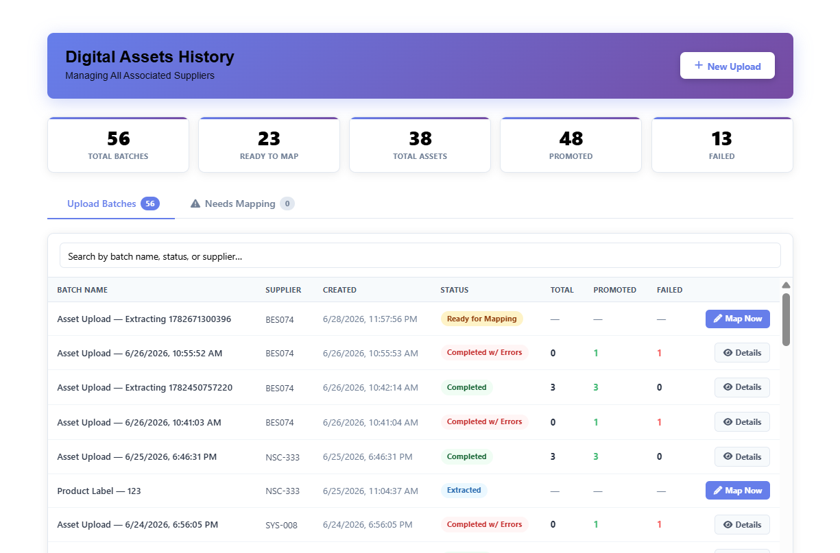 My Uploads page showing processing status and mapping