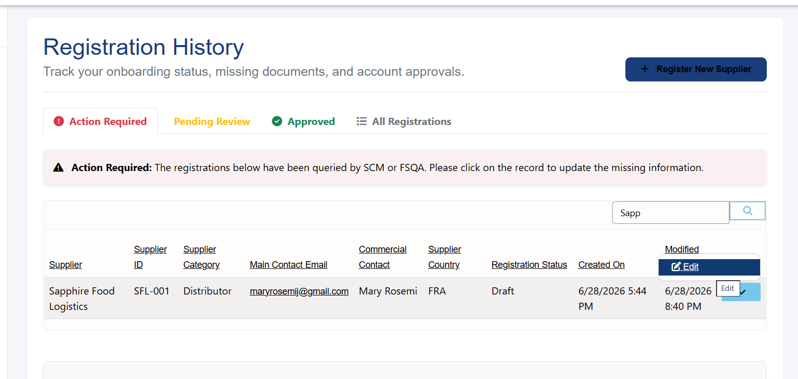 Registration History Edit Screen