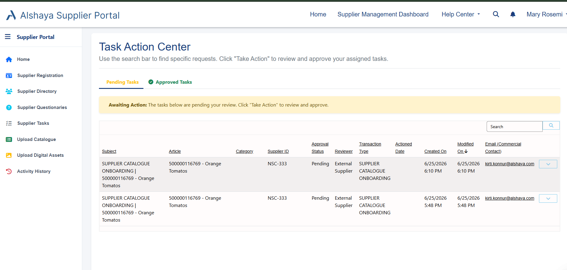 Task Action Center pending tasks